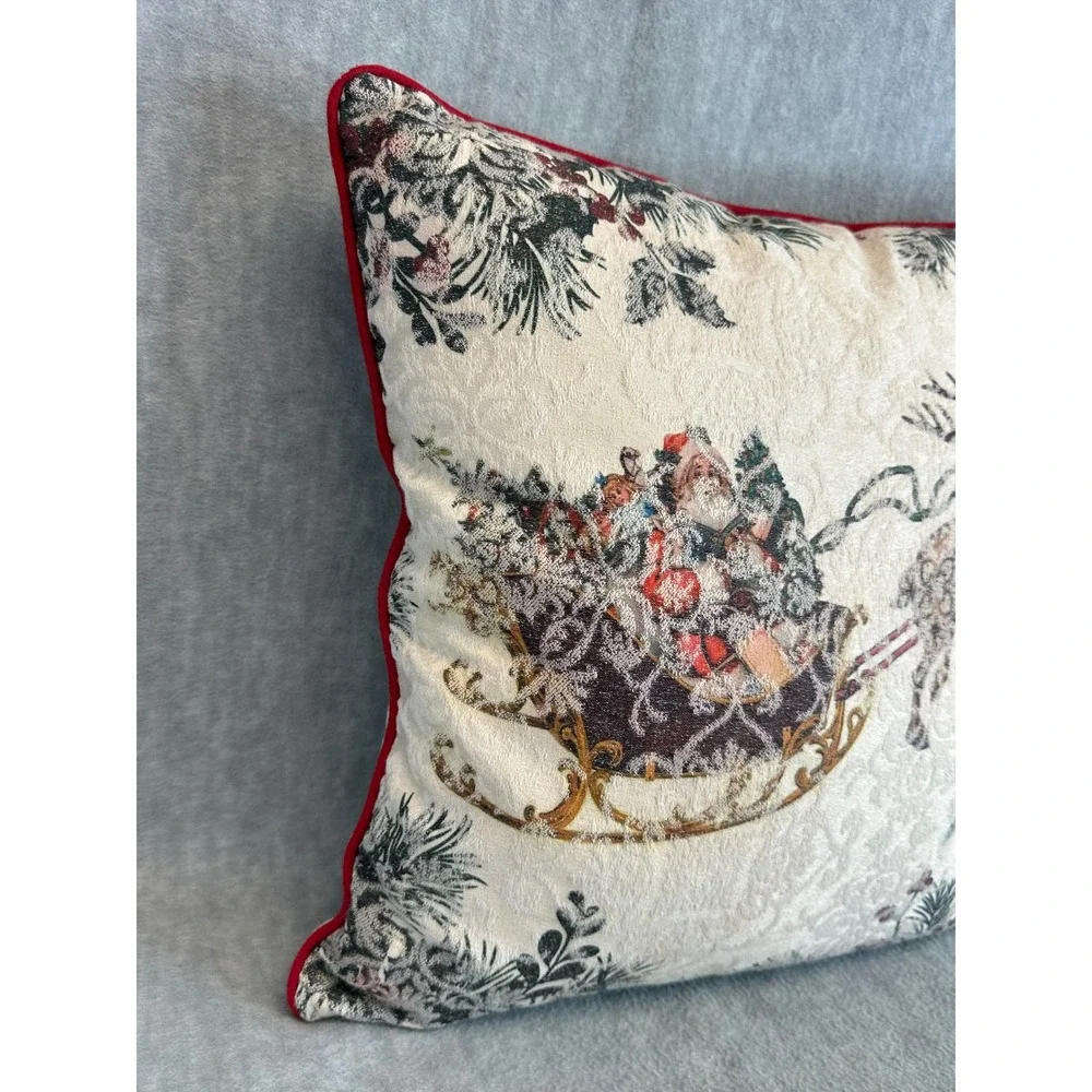 Christmas Olde World Santa Sleigh Reindeer Throw Pillow Red Trim Cream ‎ 17 x 17
